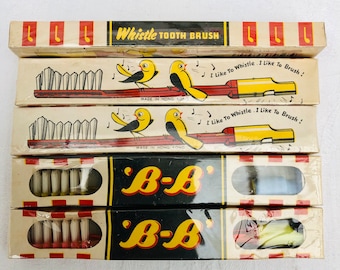 1950s Vintage Child’s Whistle Tooth Brush, .B.B. Brand, Retro Novelty Whistle Toothbrush, New In Packaging.