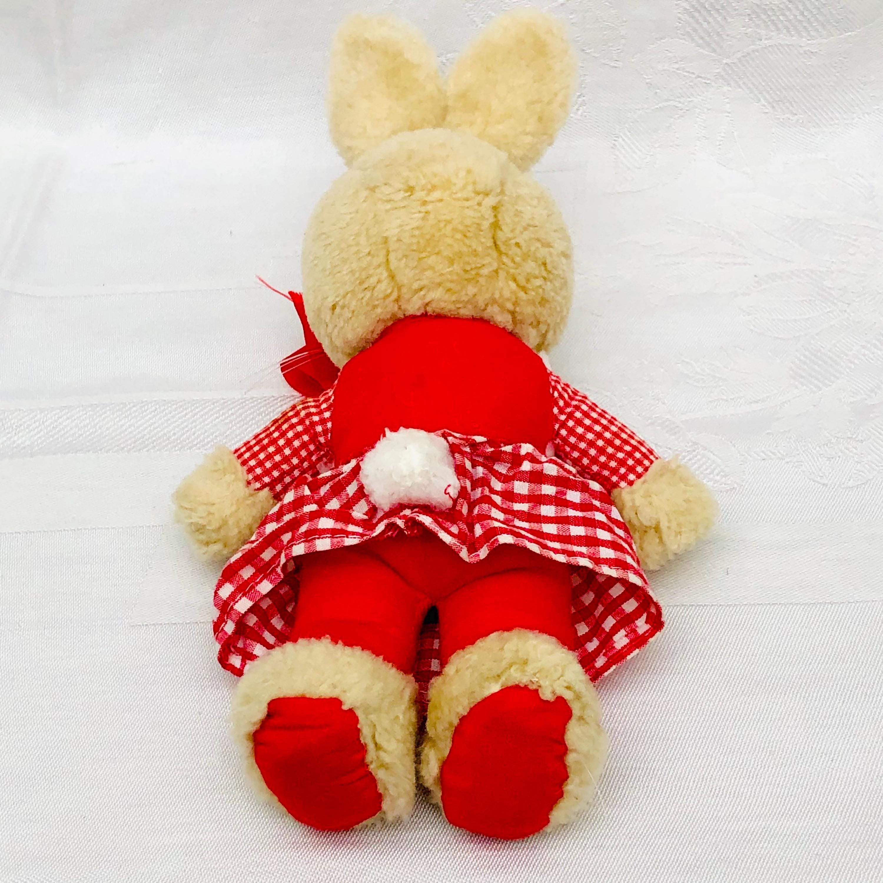 アメリカ製　ヴィンテージ　ぬいぐるみ　かわいい　赤色　チェック　うさぎ　レトロ 1960年代ヴィンテージのぬいぐるみうさぎ、赤と白のギンガムチェック柄
