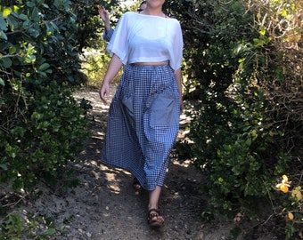 A long navy blue gingham skirt. 100% cotton. Country style