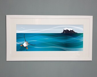 Bass rock and puffin: limited edition giclee print