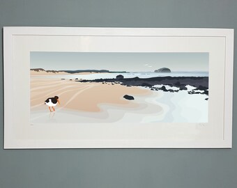 Tyninghame Beach and oystercatcher: limited edition giclee print