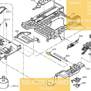 May include: An exploded diagram of a Technics and Panasonic mechanism unit, with numbered components. Text includes "Technics SJ-MD100, SJ-MD150, SJ-HD515, SJ-HD501" and "Panasonic SA-PM35MD Mechanism Unit: MR3A". The image has a "SILICONEMIND STUDIO" watermark.