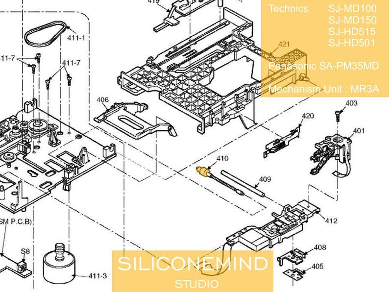 May include: An exploded diagram of a Technics and Panasonic mechanism unit, with numbered components. Text includes "Technics SJ-MD100, SJ-MD150, SJ-HD515, SJ-HD501" and "Panasonic SA-PM35MD Mechanism Unit: MR3A". The image has a "SILICONEMIND STUDIO" watermark.