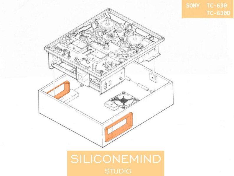 K&ouml;nnte beinhalten: Eine technische Explosionszeichnung des Mechanismus eines Sony TC-630 und TC-630D Tonbandger&auml;ts. Die Abbildung zeigt schwarze Linien auf wei&szlig;em Hintergrund mit orangefarbenen Hervorhebungen an bestimmten internen Bauteilen und dem Markennamen SILICONEMIND STUDIO.