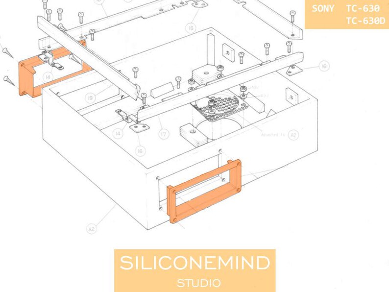 K&ouml;nnte beinhalten: Eine technische Strichzeichnung einer Baugruppe f&uuml;r das elektronische Ger&auml;t Sony TC-630 und TC-630D. Das Diagramm zeigt wei&szlig;e Umrisse auf schlichtem Hintergrund mit orange hervorgehobenen Komponenten, darunter rechteckige Rahmen und diverse Schrauben.