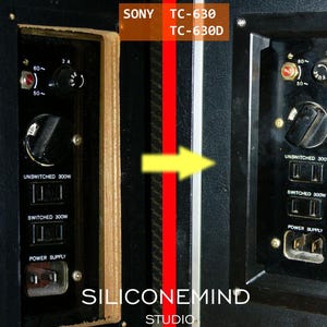 K&ouml;nnte beinhalten: Zwei schwarze elektronische Bedienfelder f&uuml;r Sony TC-630 und TC-630D mit Sicherungshalter, Drehknopf, geschalteten und ungeschalteten 300W-Steckdosen sowie einem Stromanschluss. Die Paneele sind durch eine rote vertikale Linie mit gelbem Pfeil getrennt.