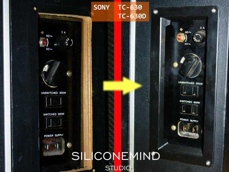 K&ouml;nnte beinhalten: Zwei schwarze elektronische Bedienfelder f&uuml;r Sony TC-630 und TC-630D mit Sicherungshalter, Drehknopf, geschalteten und ungeschalteten 300W-Steckdosen sowie einem Stromanschluss. Die Paneele sind durch eine rote vertikale Linie mit gelbem Pfeil getrennt.