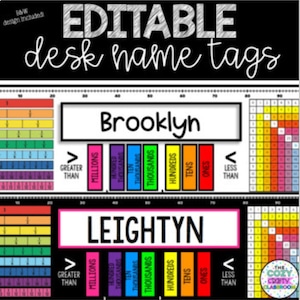May include: Editable desk name tags with a place holder for a student's name, a place value chart, and a hundred chart. The name tags are black with white and rainbow coloured text. The text says "Greater Than", "Millions", "Hundred Thousands", "Ten Thousands", "Thousands", "Hundreds", "Tens", "Ones", and "Less Than".