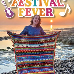 May include: A vibrant, patterned crochet blanket with red pom-poms is held by a woman. The blanket displays musical notes and geometric patterns. The text "INTRODUCING FESTIVAL FEVER CAL 2025" is at the top, with musical notes and a guitar graphic.