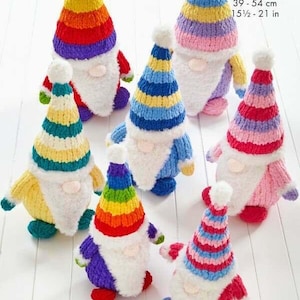 May include: Seven colorful knitted gnome figures with striped hats in various colors, including rainbow, blue, and pink. Each gnome has a white beard and a pom-pom on top of its hat. The hats measure 15 1/2 - 21 inches.
