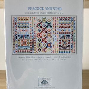 CROSS STITCH KIT Peacock and Star Multi Sampler by Riverdrift House