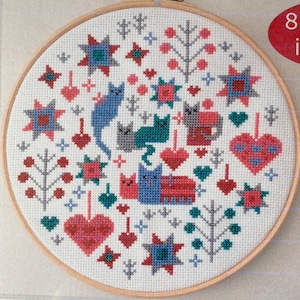 CROSS STITCH KIT with Hoop Cat and Kittens by Riverdrift House