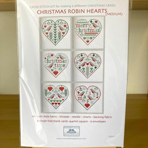 KIT de 6 cartes au point de croix de taille moyenne avec un coeur de Robin de Noël à broder et à fabriquer par Riverdrift House
