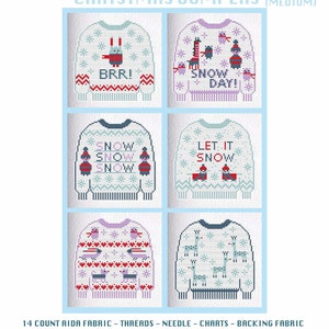 KREUZSTICH Karten KIT 6 mittelgroße Weihnachtspullover Weihnachtskarten zum Nähen und Basteln von Cachou Bella für Riverdrift House