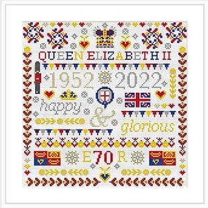 CROSS STITCH KIT Platinum Jubilee 'Happy & Glorious 70' Sampler by Riverdrift House