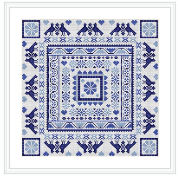 CROSS STITCH KIT Hungarian Square Blue Sampler by Riverdrift House