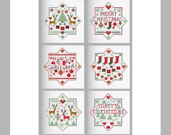 CROSS STITCH Cards KIT 6 Medium Merry Happy Christmas Star Cards to Stitch and Make by Riverdrift House