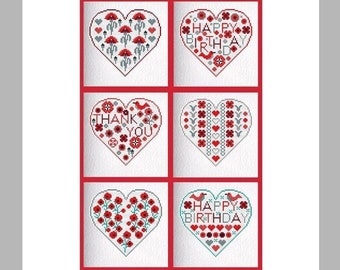 CROSS STITCH Cards KIT 6 Birthday/Poppy Heart Greetings Cards to Stitch and Make by Riverdrift House