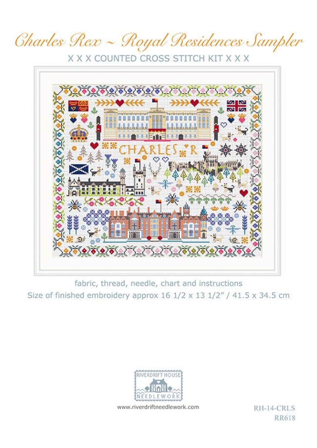 CROSS STITCH KIT Charles Rex Large Royal Residences Sampler by