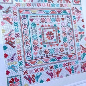 CROSS STITCH KIT (14 count Aida) Hungarian Square Pastels Sampler by Riverdrift House