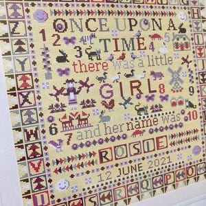 CROSS STITCH KIT Personalised Once Upon a Time Little Girl Sampler by Riverdrift House