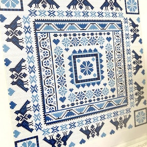 CROSS STITCH KIT Hungarian Square Blue Sampler by Riverdrift House