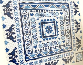 CROSS STITCH KIT Hungarian Square Blue Sampler by Riverdrift House