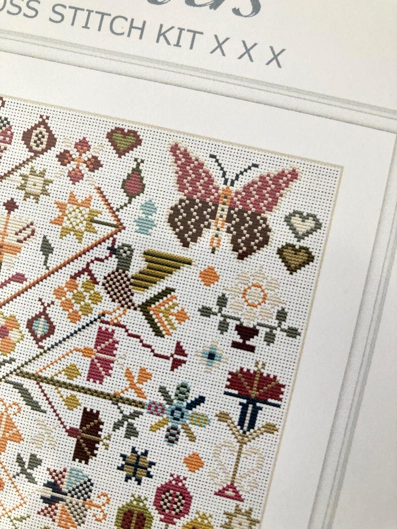 Pu&ograve; includere: Schema di punto croce con un motivo floreale colorato con una farfalla, cuori e forme geometriche. Lo schema &egrave; su tela Aida bianca e include una variet&agrave; di colori, tra cui rosso, arancione, giallo, verde, blu e marrone.