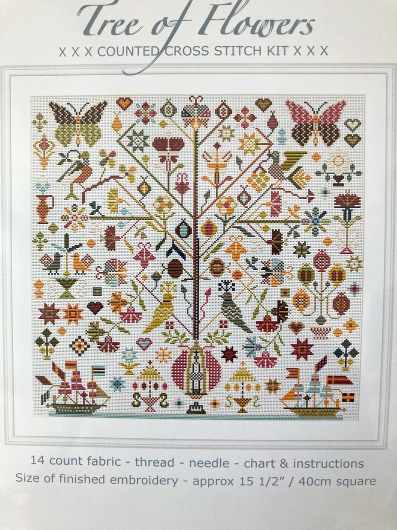 Pu&ograve; includere: Un kit di punto croce contato che presenta un albero di fiori colorato con farfalle, uccelli e navi. Il kit include tessuto da 14 punti, filo, ago, grafico e istruzioni. Il ricamo finito sar&agrave; di circa 15 1/2 pollici o 40 centimetri quadrati.