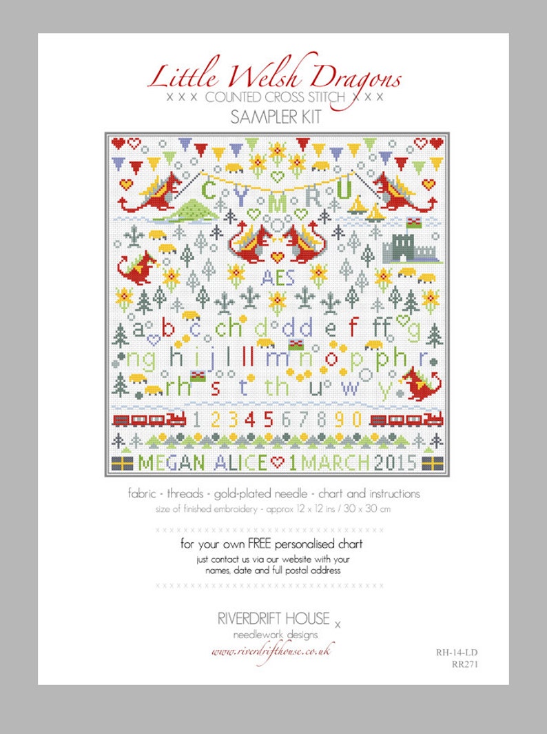 CROSS STITCH KIT Personalised Little Welsh Dragons Sampler by Etsy