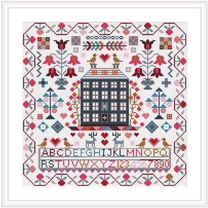 May include: A cross-stitch pattern featuring a colorful house with a red roof, surrounded by flowers, birds, and hearts. The alphabet and numbers are stitched below the house.