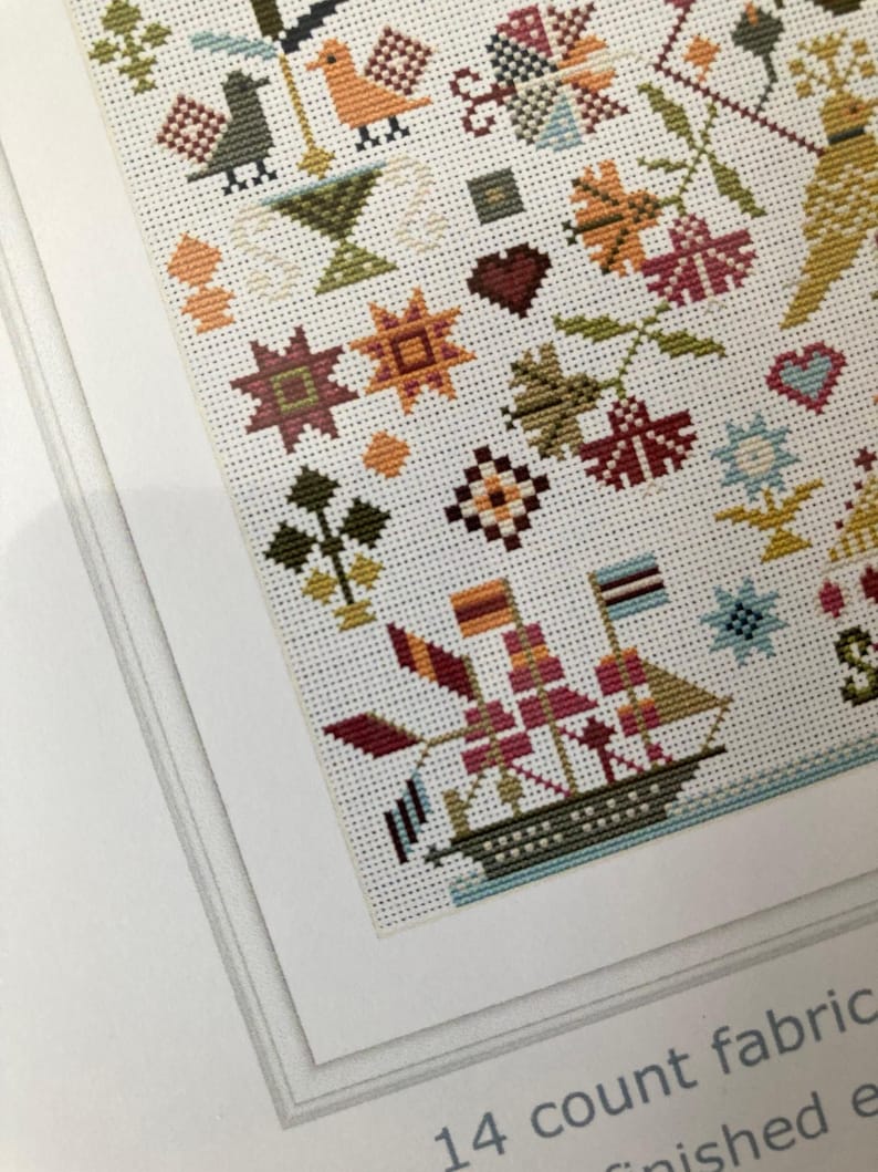 Pu&ograve; includere: Un motivo a punto croce colorato con una variet&agrave; di forme geometriche, fiori e una nave. Il motivo &egrave; su tessuto bianco e include il testo "14 count fabric".