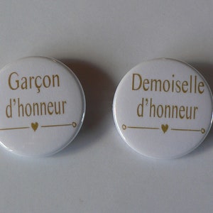 Bridesmaid and Groom badge Wedding Collection Gold and White.