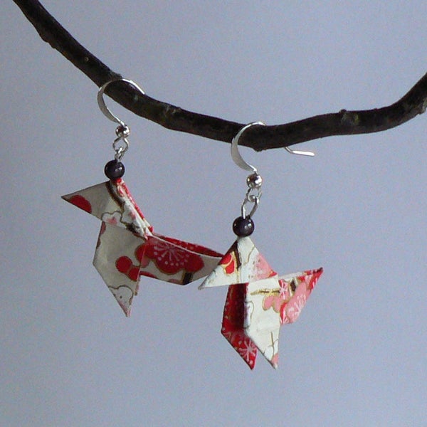 Origami Cranes Japanese paper earrings.