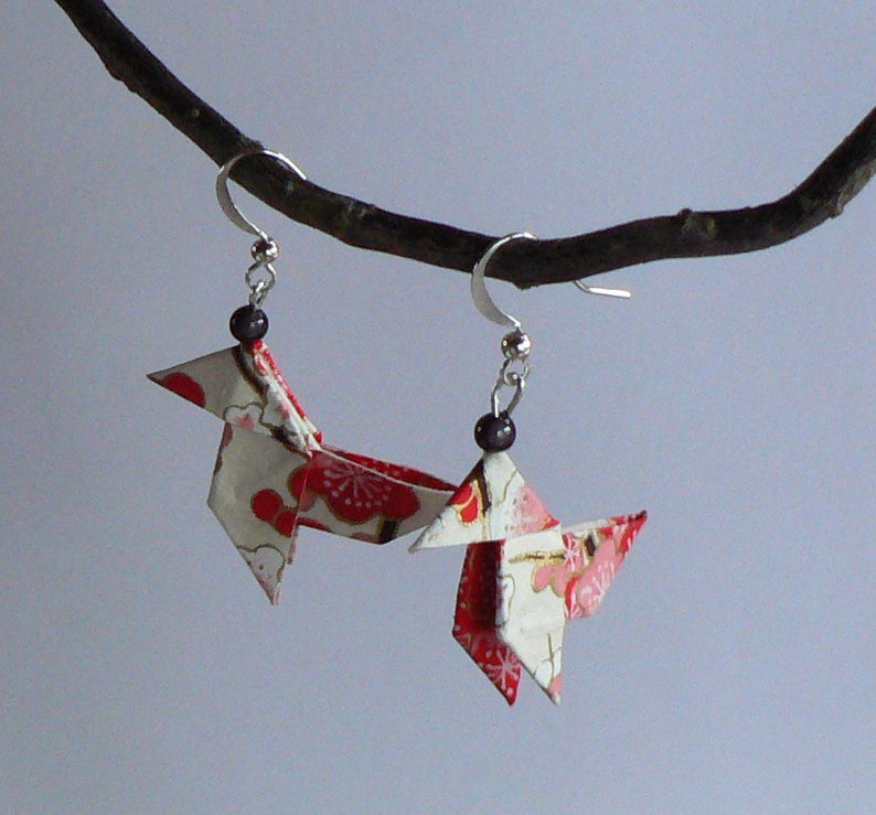 Origami Cranes Japanese paper earrings. image 1