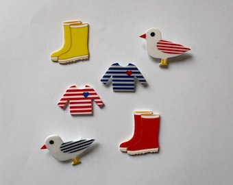 Seaside brooch. Boots, Breton shirt and seagull.