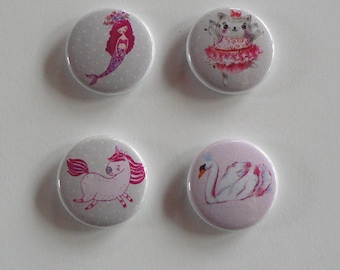 Magnets Aimants ou Badges Licorne Cygne Chat Sirène Rose.