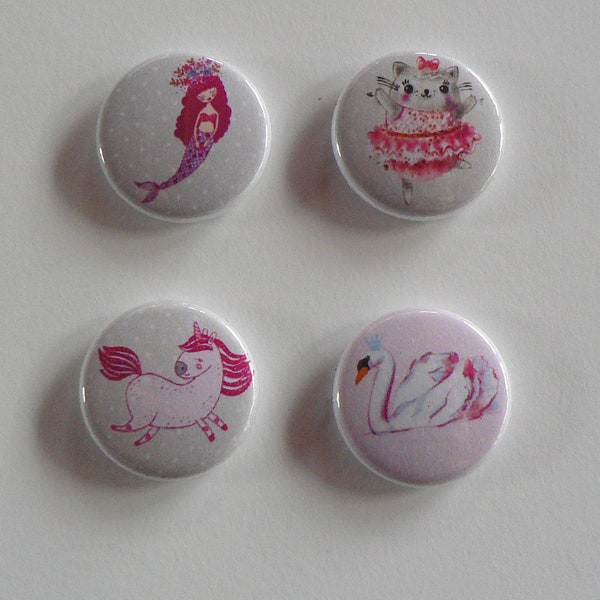 Magnets Aimants ou Badges Licorne Cygne Chat Sirène Rose.