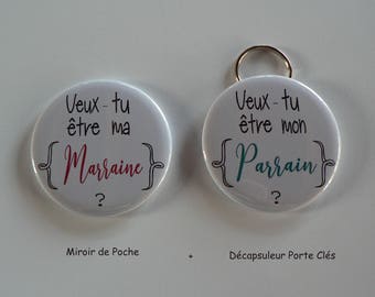 Duo Parrain Marraine Décapsuleur Porte Clés Miroir de Poche Veux-tu être ...?