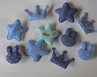 Broche Tissu Jeans. Lot de trois Tête de lapin, Couronne ou Etoile.