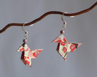 Boucles d'oreilles Origami Cocottes Papier Japonais Rouge.