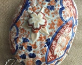 Tureen lid, 19th century Imari, English decor, fine china reuse, upcycling, orange and blue china