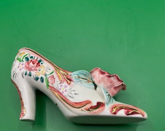 Vintage ceramic shoe, rose decorated shoe, made in Japan, circa 1950, buy perfect one, be gifted repaired one