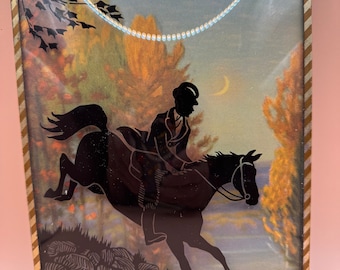 Silhouette on convex glass, horse and rider, fall scene, circa 1930, rocks and trees, scenic art, jumper,cottage core, granny core