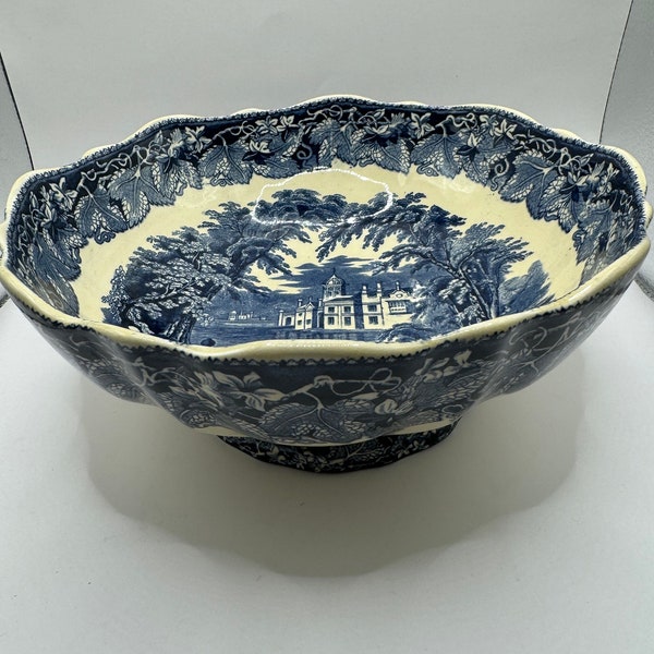 Vintage Masons ironstone bowl, Vista pattern, blue transferware, Staffordshire, ten inch bowl, centerpiece bowl, English. country, ,