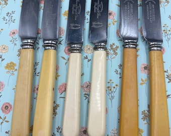 Six vintage celluloid knives, fruit or butter knives, celluloid, cheese board knives, English vintage, circa 1950, two companies, eight inch
