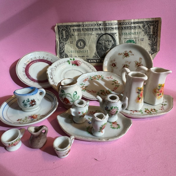 Vintage doll dishes, 17 pieces for display, craft doll china, doll dishes, doll pitcher and cups, broken china mosaic, Japanese doll dishes,