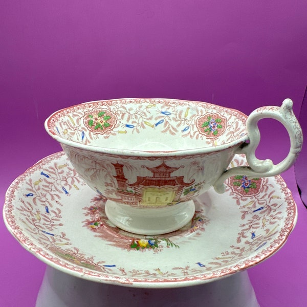 Davenport cup and saucer, English antique cup and handled saucer, tea party, early 19th century, footed cup, Erica pattern, tea party,