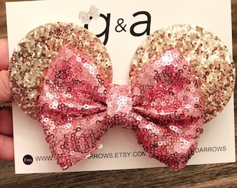 Rose Gold and Pink Minnie Bow, Mouse Ears Headband, Minnie Headband, Mouse Ears headband, Mouse Trip, Minnie Party, Sequin Bow, Glitter