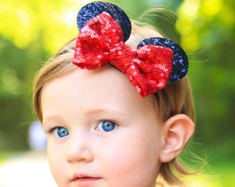 Minnie Ears Bow, Mouse Ears Headband, Minnie Headband, Mouse Ears headband, Mouse Trip, Minnie Party, Sequin Bow, Sparkly Bow RED